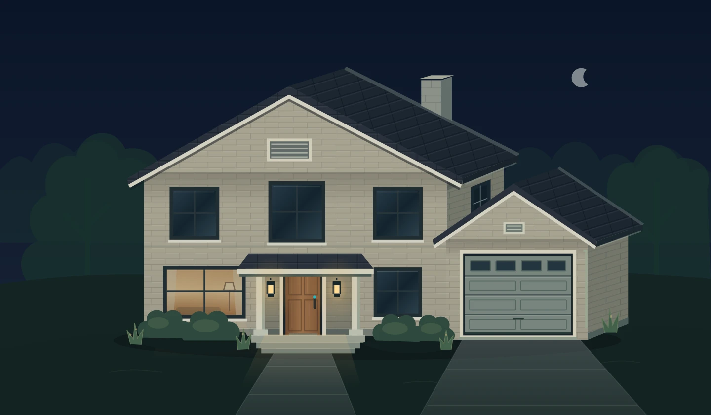 Smart home illustration with warm living room and porch lighting