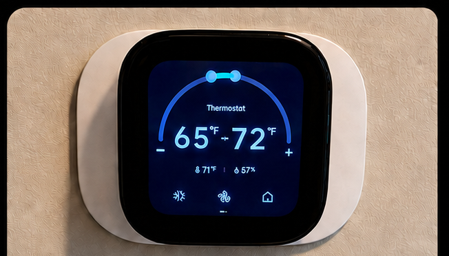 Smart thermostat mounted on a wall