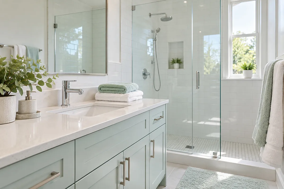A bright bathroom with a glass shower and folded towels