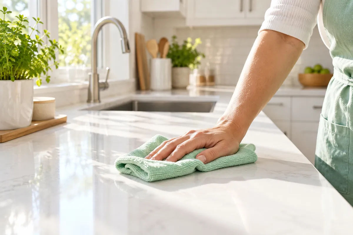 A gloved hand wiping a white marble kitchen counter