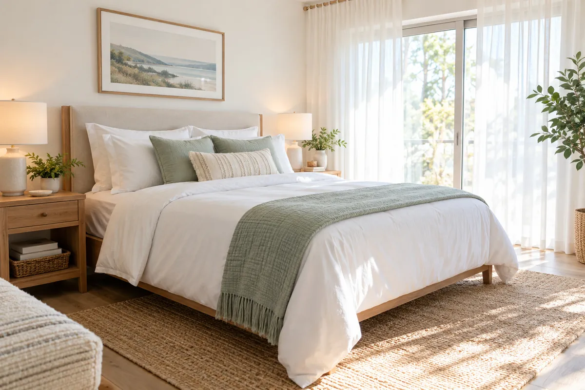A freshly made bed in a sunlit bedroom