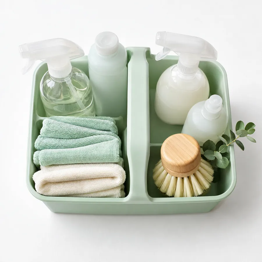 A green caddy of spray bottles, brushes and folded cloths