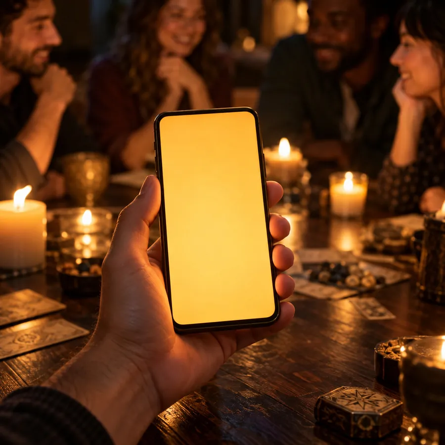 A guest holding up a phone at a candlelit table while friends lean in