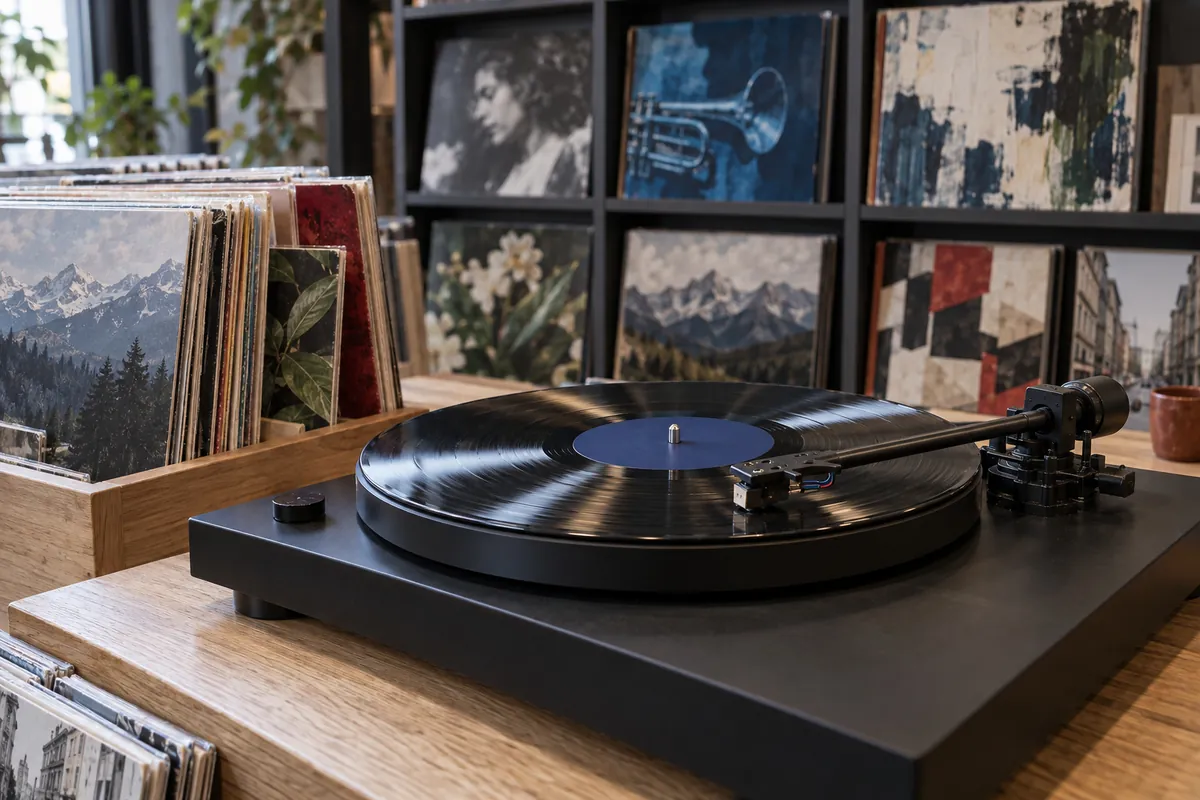 A turntable on the front counter with records on the wall behind it
