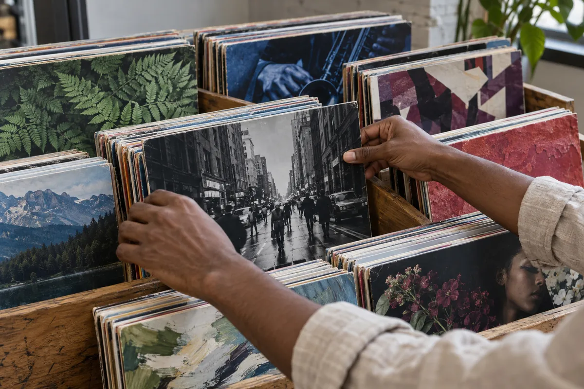 A hand pulling a record from a packed crate