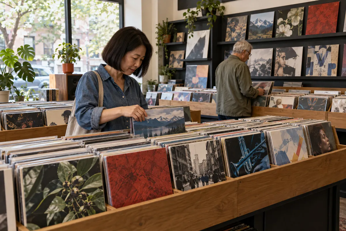 A customer flipping through crates of records by the shop's front windows