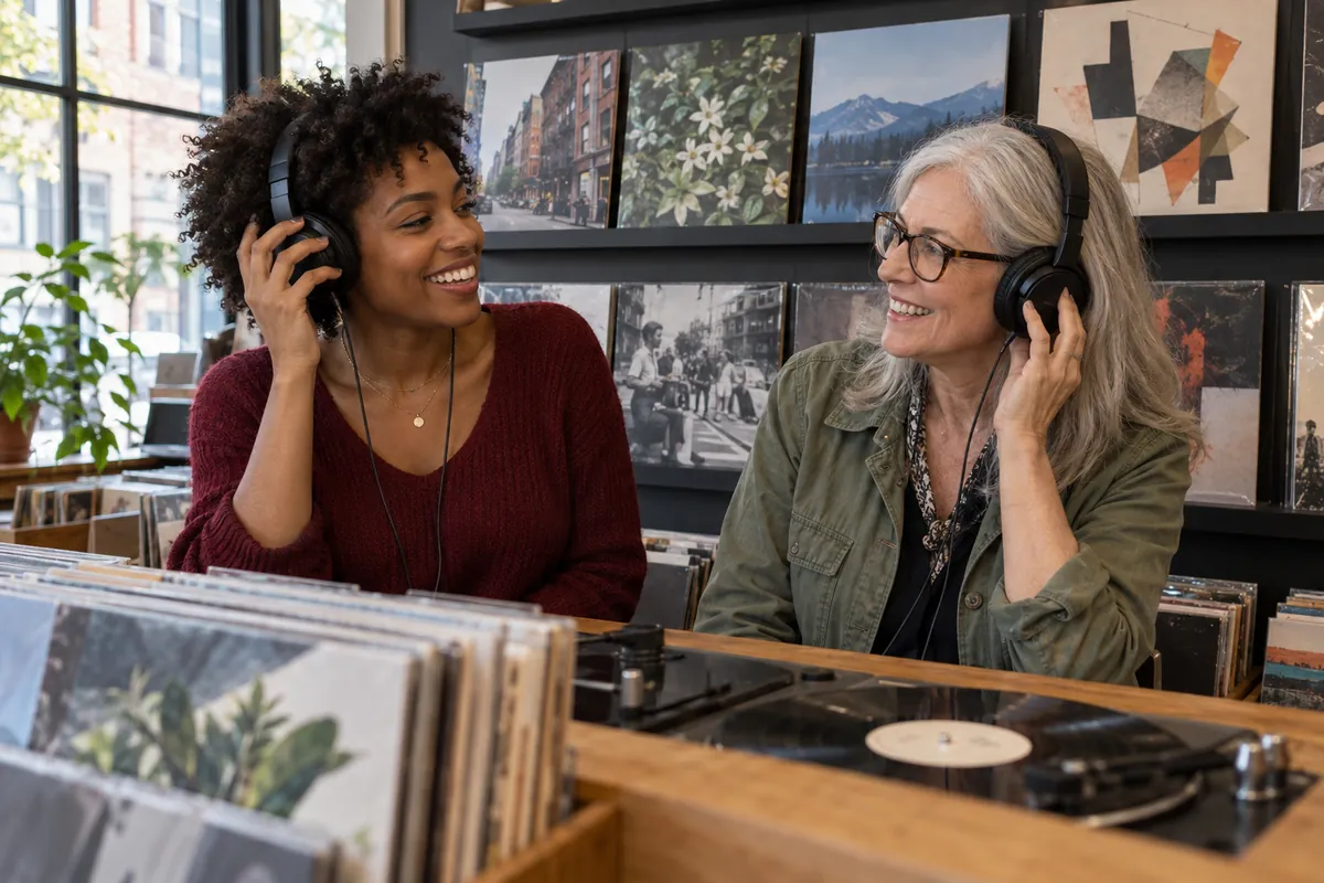Two customers sharing headphones at the listening station