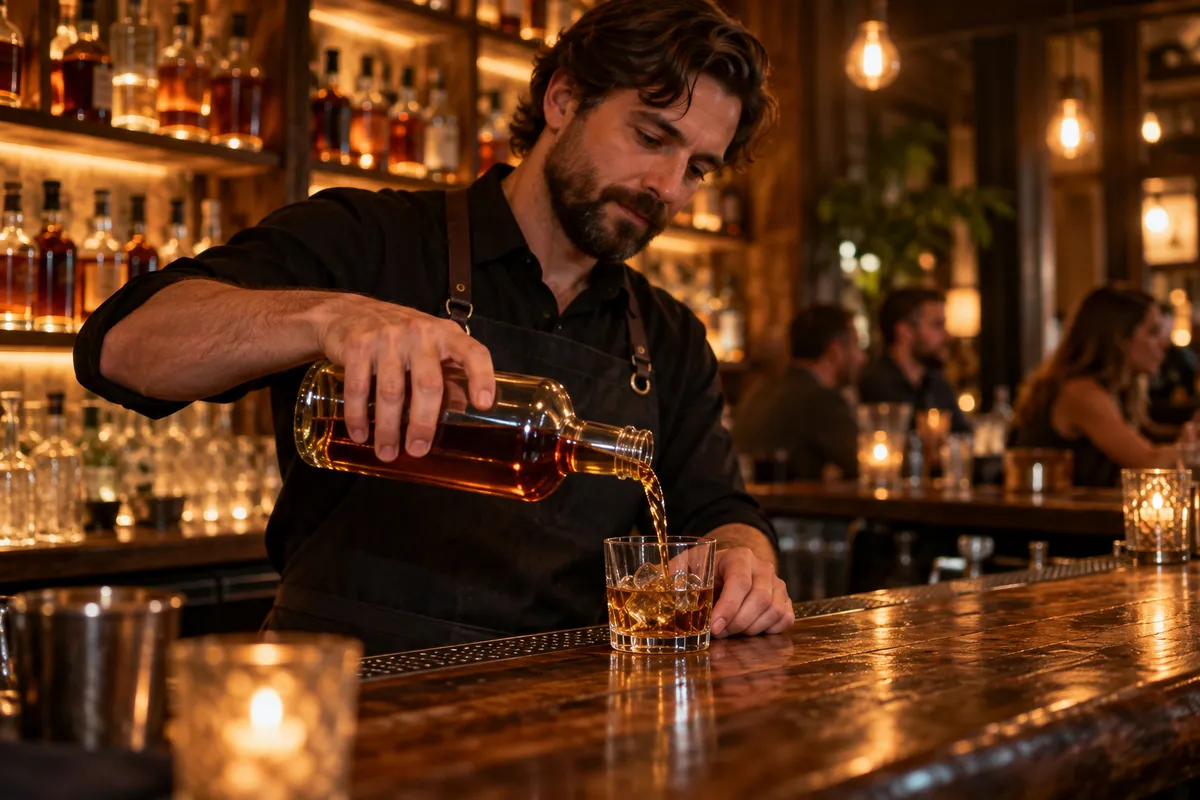 The bartender pouring a bourbon at the back bar, bottles lit behind him
