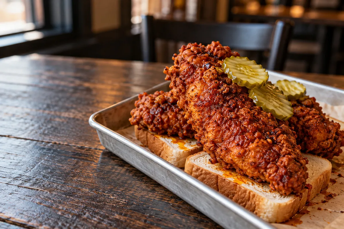 Hot chicken tenders on white bread with crinkle pickles, served on a metal tray