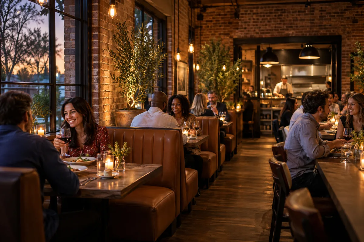 The dining room at dusk: leather booths, brick walls and candlelit tables