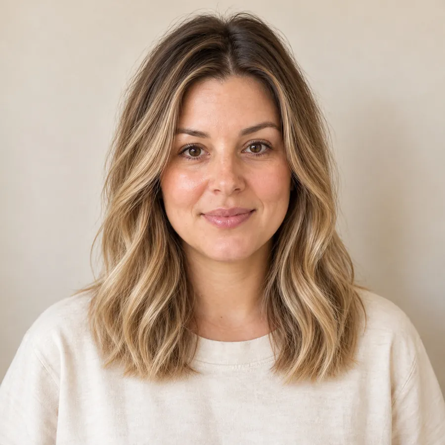 After: soft blonde balayage with loose waves