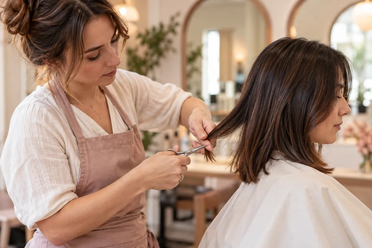 A stylist trimming a client's dark bob at the chair