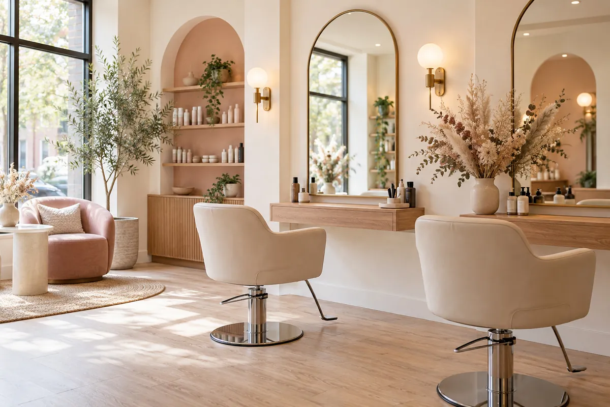 Inside Willow Hair Studio: blush chairs, arched mirrors and morning light