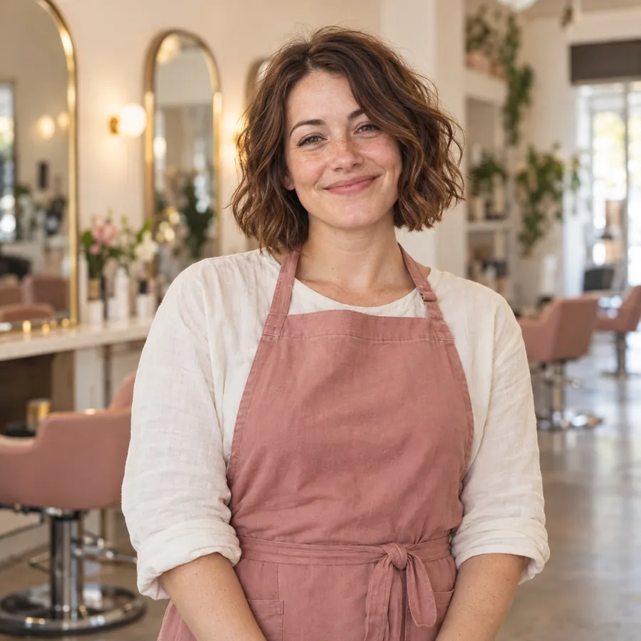 Maren, owner of Willow Hair Studio, in a rose apron