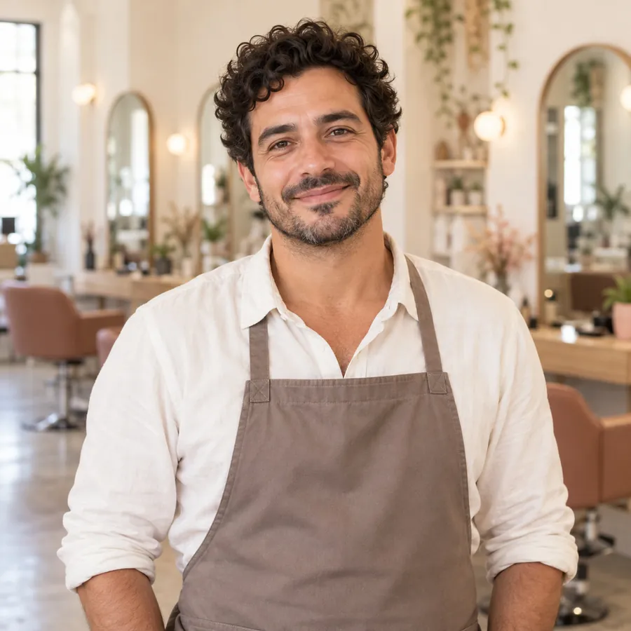 Remy, colorist, in a brown apron