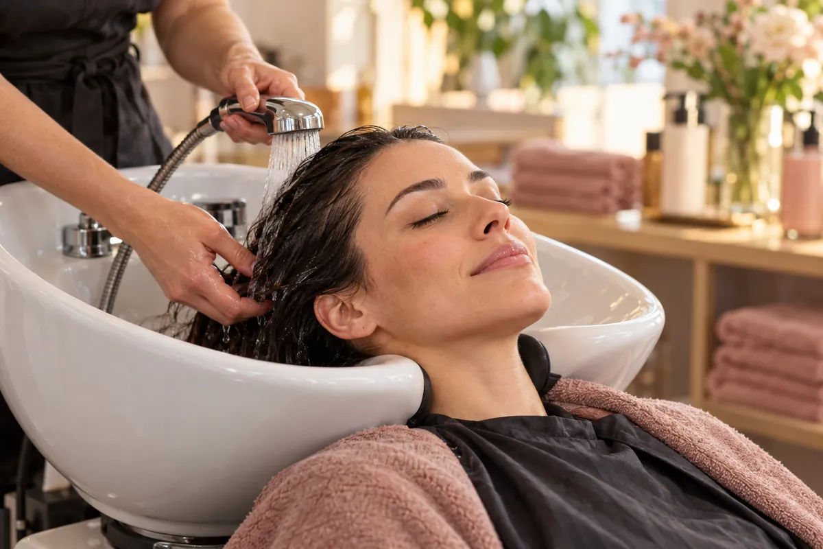 A client relaxing at the shampoo bowl
