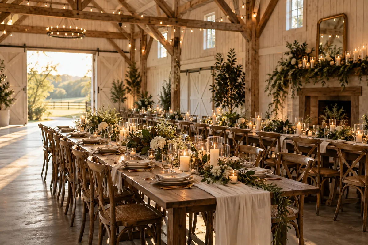 Inside The Magnolia Barn: long wooden tables set for dinner under exposed beams and greenery