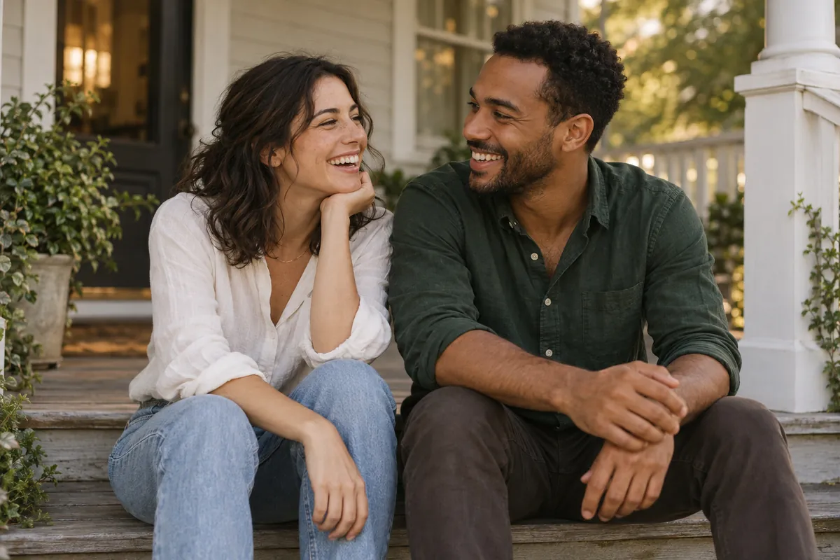 Sam and Jordan laughing together on the porch steps of their little blue house