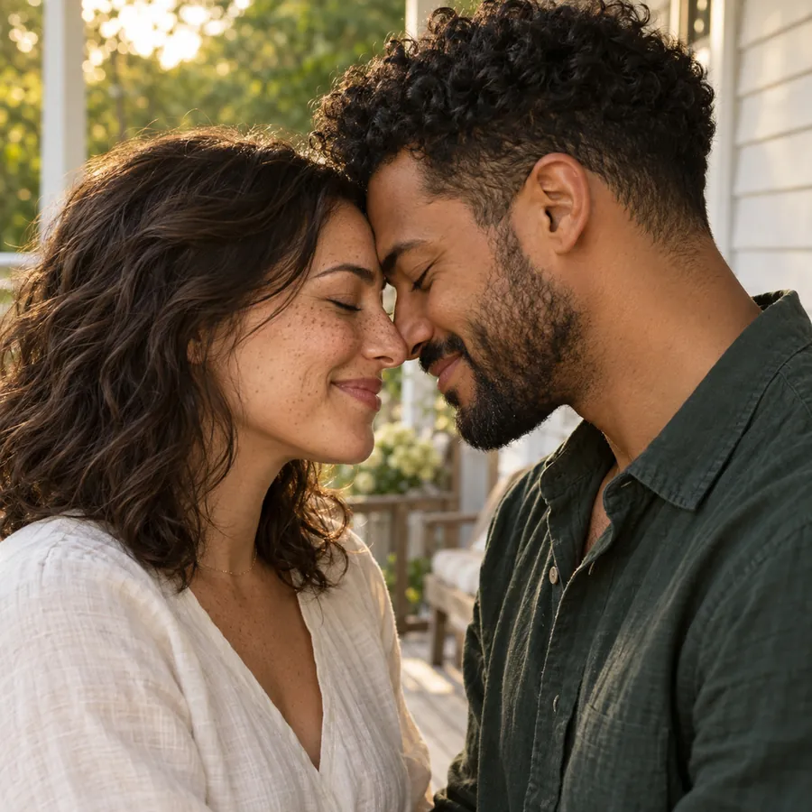 Sam and Jordan forehead to forehead on the porch
