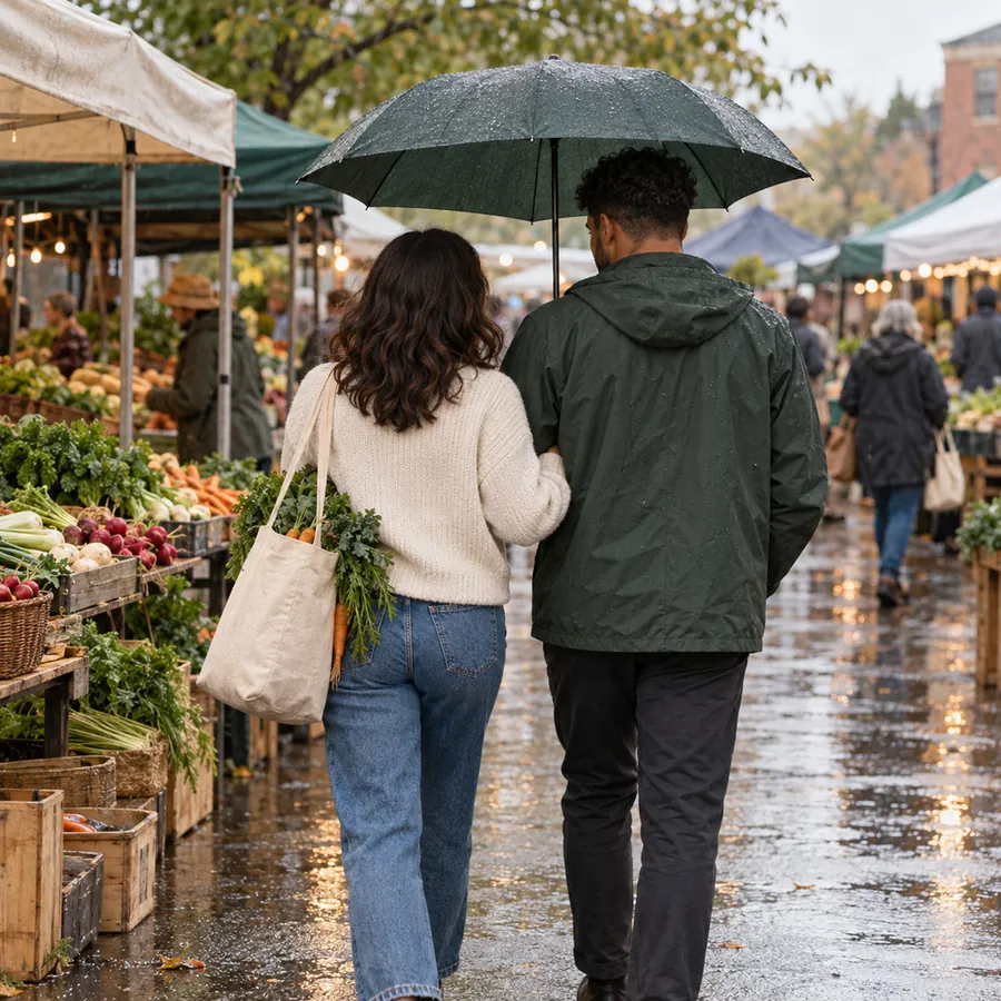 Sam and Jordan sharing one umbrella at a rainy farmers market