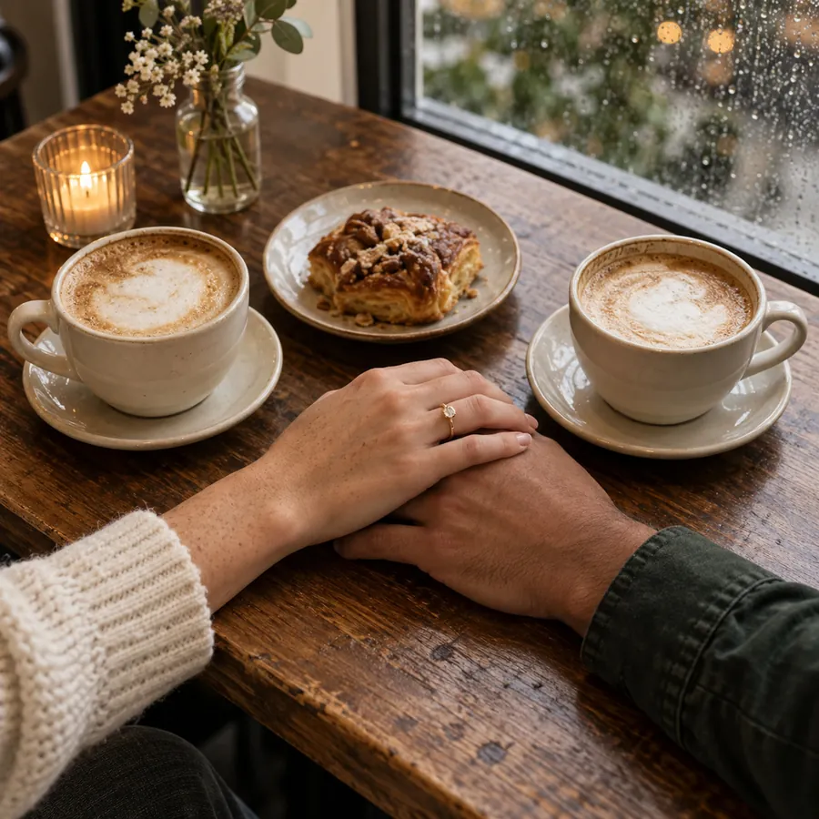 Two coffees, a pastry and held hands on a café table by a rainy window
