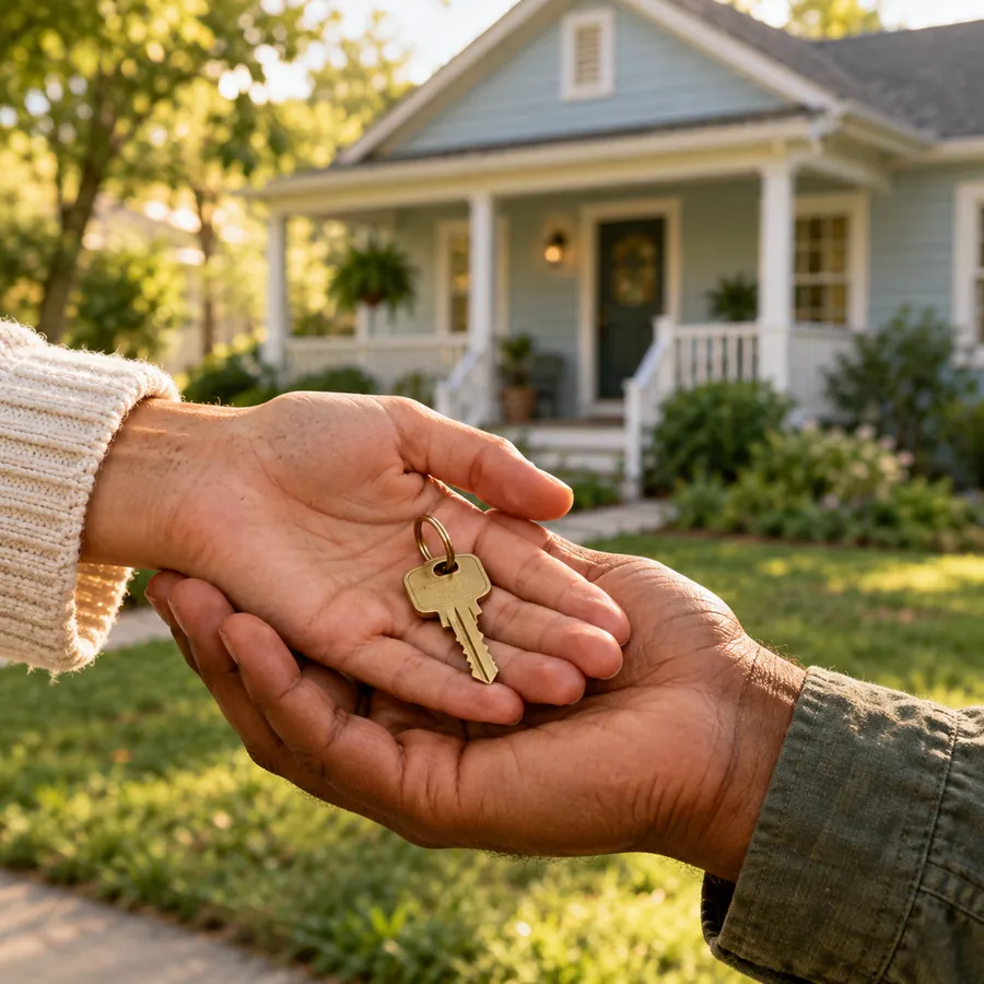 A house key handed over in front of a little blue house