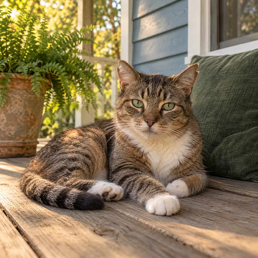 Biscuit the tabby cat lounging on the porch cushions
