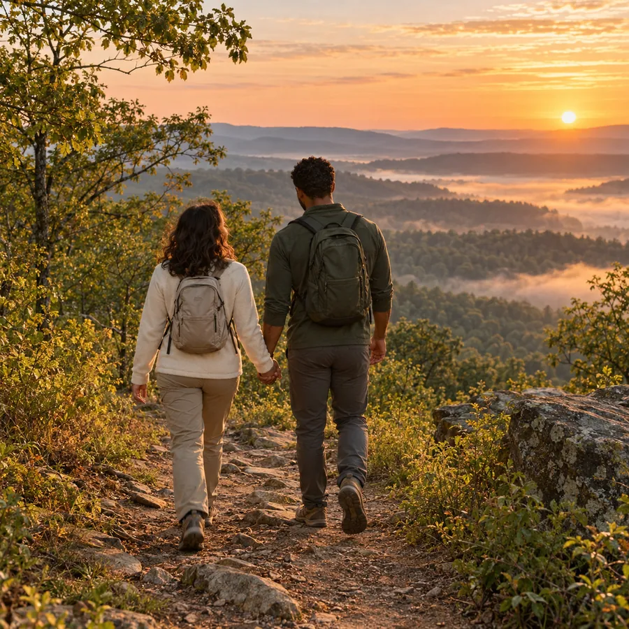 Sam and Jordan hiking hand in hand toward a foggy sunrise overlook