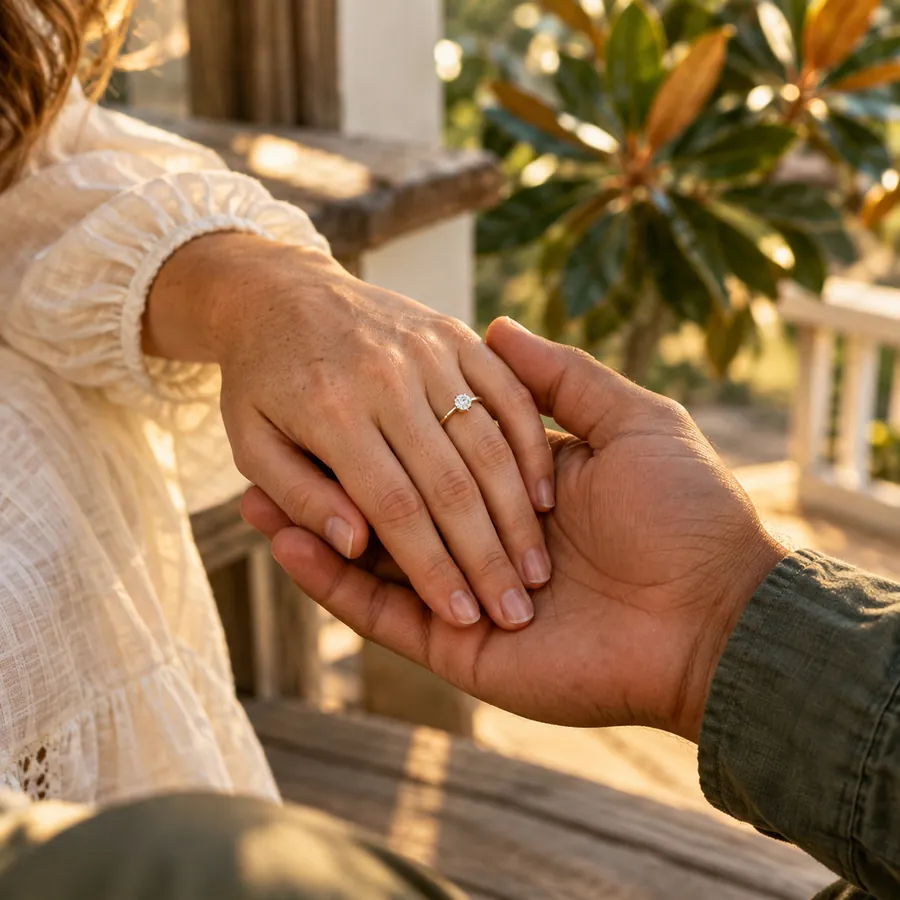 Two hands together, one wearing a new ring, under magnolia leaves