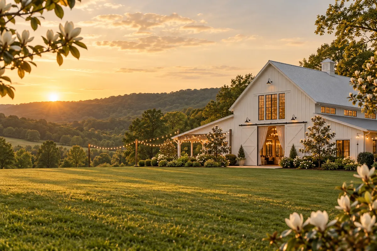 The Magnolia Barn at golden hour, string lights over the lawn