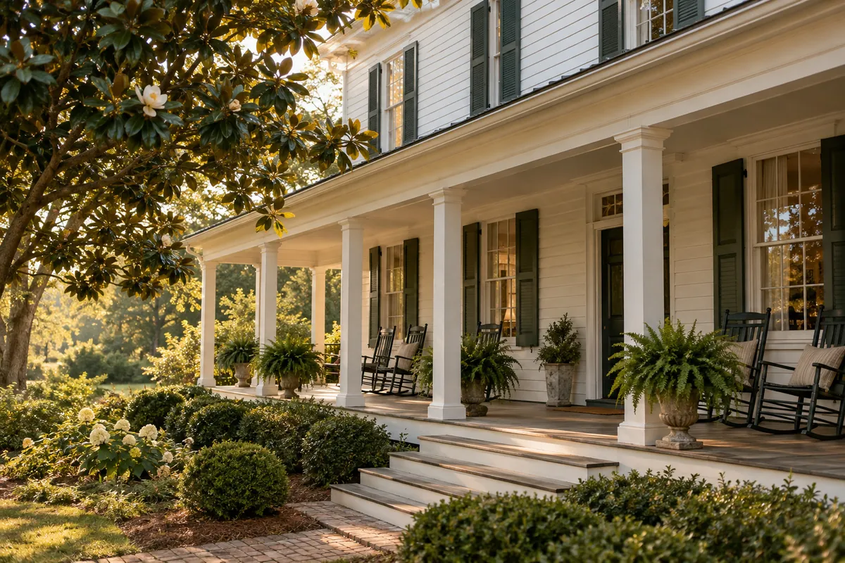 The Linden and Lark Inn: a white farmhouse with a deep porch and rocking chairs