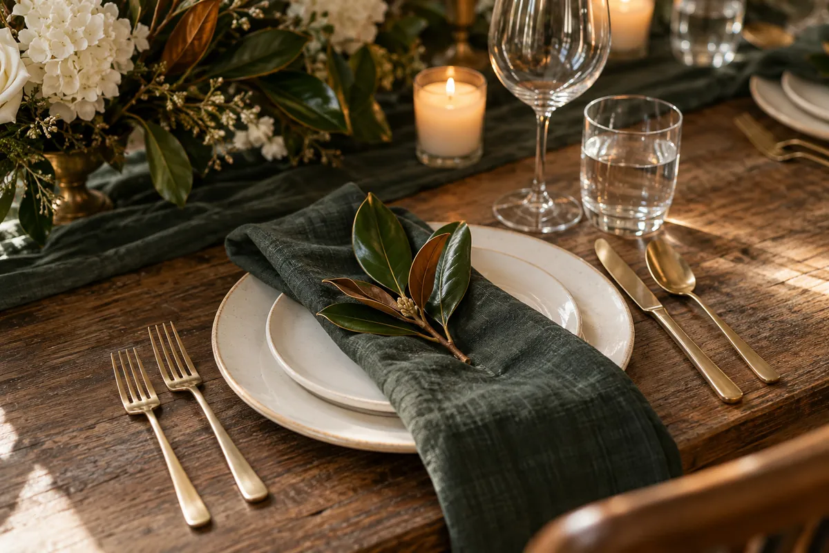 A place setting with evergreen linen, a magnolia leaf and gold flatware